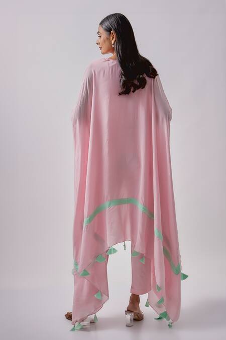 Shop Blue Lotus Design Pink Crepe Tassels V-neck Asymmetric Kaftan With Pant at Aza Fashions Shop_Blue Lotus Design_Pink Crepe Tassels V-neck Asymmetric Kaftan With Pant _at_Aza_Fashions