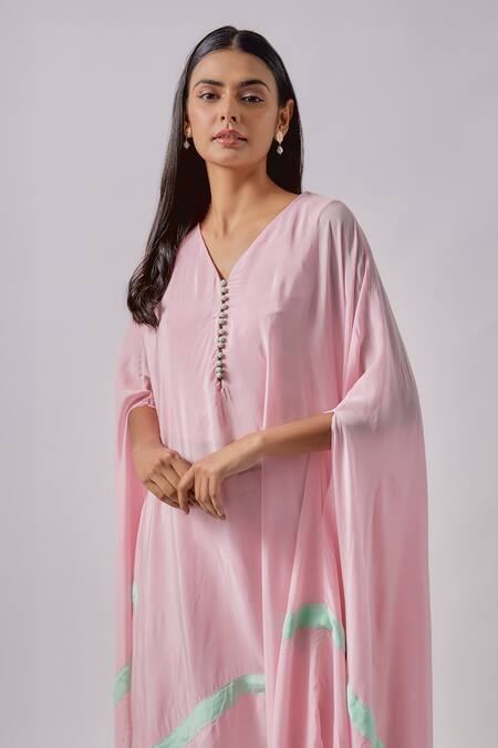 Blue Lotus Design Pink Crepe Tassels V-neck Asymmetric Kaftan With Pant Online at Aza Fashions Blue Lotus Design_Pink Crepe Tassels V-neck Asymmetric Kaftan With Pant _Online_at_Aza_Fashions