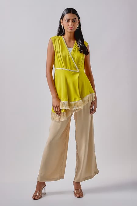 Blue Lotus Design Yellow Crepe Embellished Lace V-neck Asymmetric Overlap Panel Kurta With Pant 