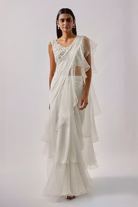 Blue Lotus Design Ivory Net Embroidered Floral V-neck Plain Pre Draped Ruffle Saree With Blouse 