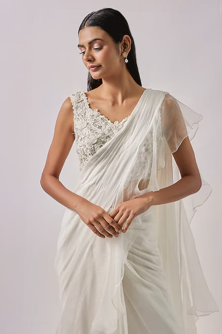Blue Lotus Design_Ivory Organza, Net, Chiffon Embroidery Plain Pre Draped Ruffle Saree With Blouse _Online_at_Aza_Fashions