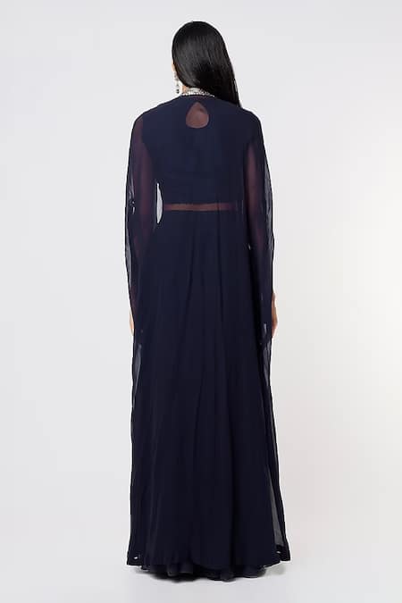 Shop Blue Lotus Design Blue Georgette Sequins Round Embellished Border Cape Pleated Flared Pant Set at Aza Fashions Shop_Blue Lotus Design_Blue Georgette Sequins Round Embellished Border Cape Pleated Flared Pant Set _at_Aza_Fashions