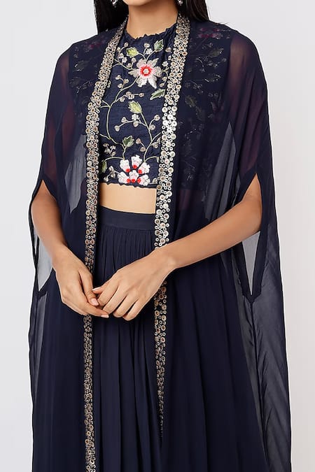 Buy Blue Lotus Design Blue Georgette Sequins Round Embellished Border Cape Pleated Flared Pant Set Online at Aza Fashions Buy_Blue Lotus Design_Blue Georgette Sequins Round Embellished Border Cape Pleated Flared Pant Set _Online_at_Aza_Fashions