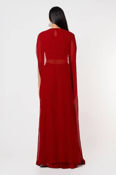 Shop Blue Lotus Design Red Georgette Embroidery, Sequins Round Neck Embellished Border Cape Palazzo Set at Aza Fashions Shop_Blue Lotus Design_Red Georgette Embroidery, Sequins Round Neck Embellished Border Cape Palazzo Set _at_Aza_Fashions