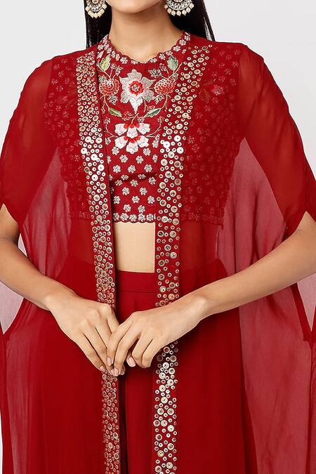 Buy Blue Lotus Design Red Georgette Embroidery, Sequins Round Neck Embellished Border Cape Palazzo Set Online at Aza Fashions Buy_Blue Lotus Design_Red Georgette Embroidery, Sequins Round Neck Embellished Border Cape Palazzo Set _Online_at_Aza_Fashions