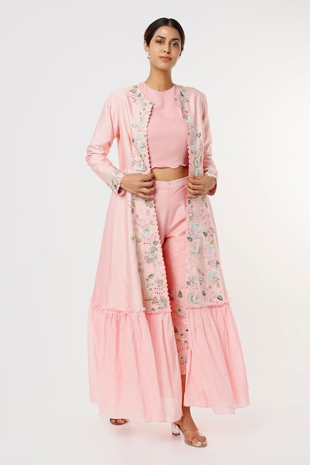 Blue Lotus Design Floral Embroidered Ruffle Hem Jacket Pant Set 