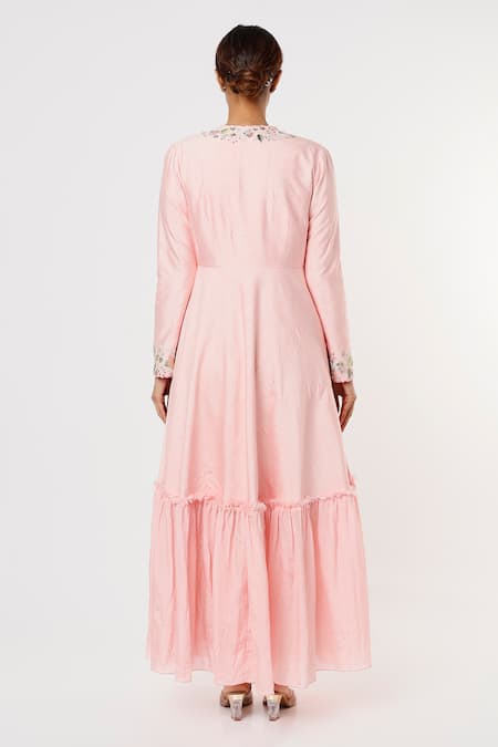 Shop Blue Lotus Design Pink Silk Embroidery, Sequins Round Neck, Floral Ruffle Hem Jacket Pant Set at Aza Fashions Shop_Blue Lotus Design_Pink Silk Embroidery, Sequins Round Neck, Floral Ruffle Hem Jacket Pant Set _at_Aza_Fashions