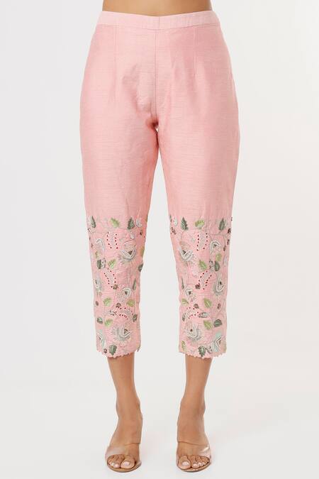 Buy Blue Lotus Design Pink Silk Embroidery, Sequins Round Neck, Floral Ruffle Hem Jacket Pant Set Online at Aza Fashions Buy_Blue Lotus Design_Pink Silk Embroidery, Sequins Round Neck, Floral Ruffle Hem Jacket Pant Set _Online_at_Aza_Fashions