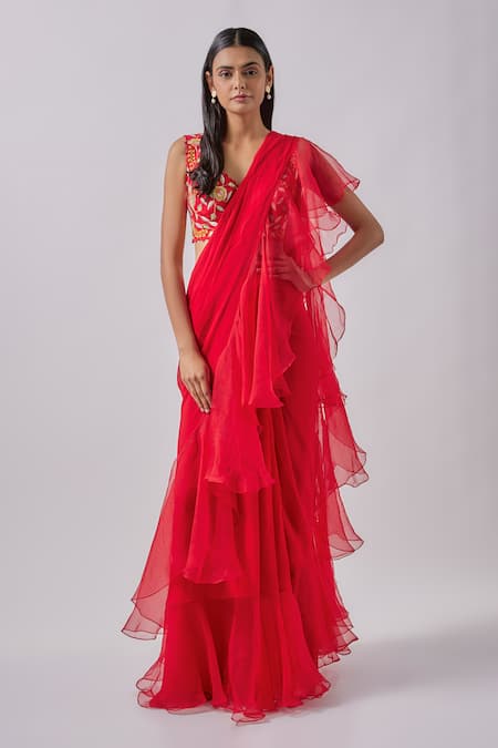 Blue Lotus Design Red Georgette Embroidered Floral Tiered Pre Draped Ruffle Saree With Blouse 