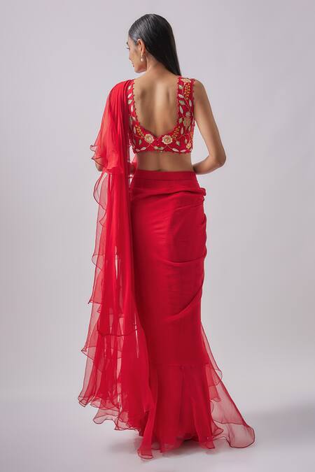 Blue Lotus Design Tiered Pre Draped Ruffle Saree With Blouse 