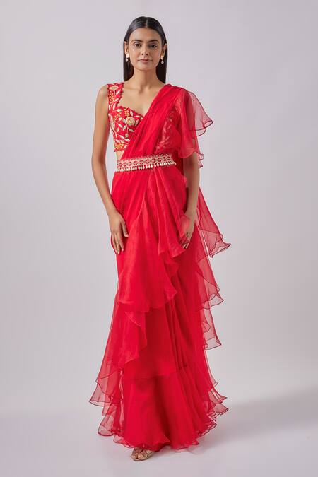 Blue Lotus Design_Red Organza, Georgette Embroidery Tiered Pre Draped Ruffle Saree With Blouse _Online_at_Aza_Fashions