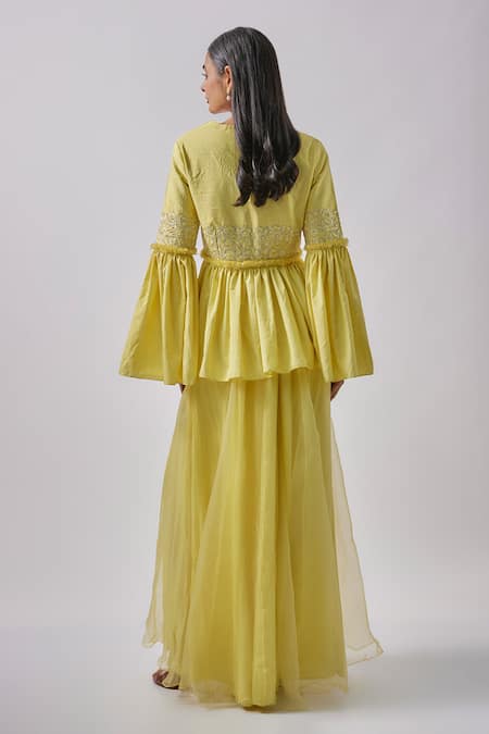 Shop Blue Lotus Design Yellow Silk, Organza Beads, Embroidery Floral Peplum Kurta With Flared Pant at Aza Fashions Shop_Blue Lotus Design_Yellow Silk, Organza Beads, Embroidery Floral Peplum Kurta With Flared Pant _at_Aza_Fashions