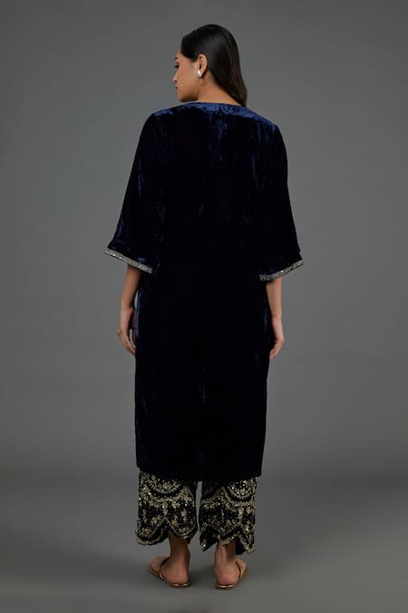 Shop Blue Lotus Design Blue Velvet Embroidery, Sequins Split V-neck Zardozi Kurta Pant Set at Aza Fashions Shop_Blue Lotus Design_Blue Velvet Embroidery, Sequins Split V-neck Zardozi Kurta Pant Set _at_Aza_Fashions