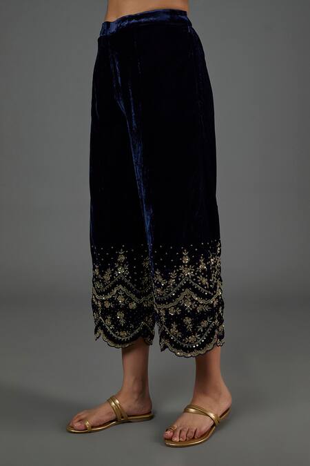 Blue Lotus Design Blue Velvet Embroidery, Sequins Split V-neck Zardozi Kurta Pant Set Online at Aza Fashions Blue Lotus Design_Blue Velvet Embroidery, Sequins Split V-neck Zardozi Kurta Pant Set _Online_at_Aza_Fashions