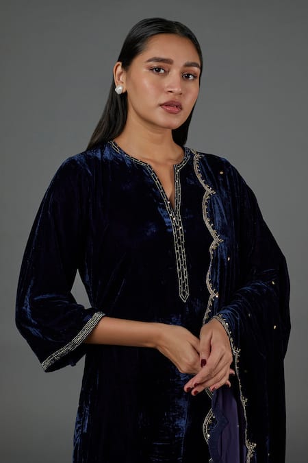 Buy Blue Lotus Design Blue Velvet Embroidery, Sequins Split V-neck Zardozi Kurta Pant Set Online at Aza Fashions Buy_Blue Lotus Design_Blue Velvet Embroidery, Sequins Split V-neck Zardozi Kurta Pant Set _Online_at_Aza_Fashions