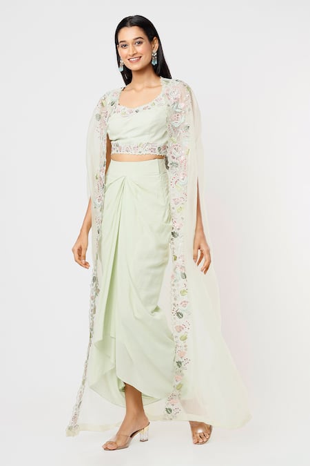 Blue Lotus Design Floral Embroidered Cape Draped Skirt Set 