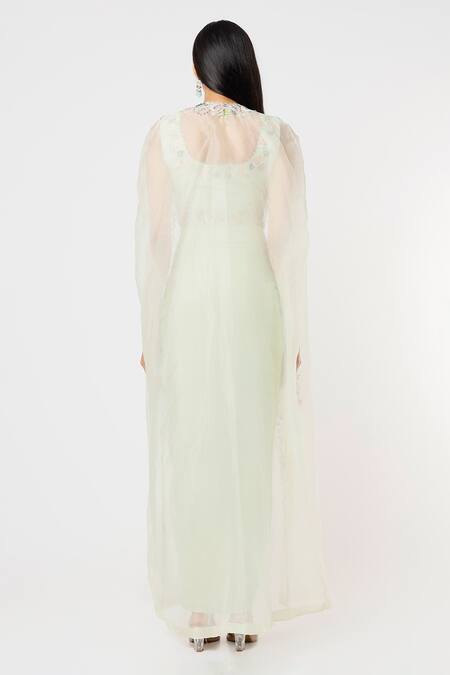 Shop Blue Lotus Design Green Organza Embroidery, Sequins Round Neck Floral Cape Draped Skirt Set at Aza Fashions Shop_Blue Lotus Design_Green Organza Embroidery, Sequins Round Neck Floral Cape Draped Skirt Set _at_Aza_Fashions