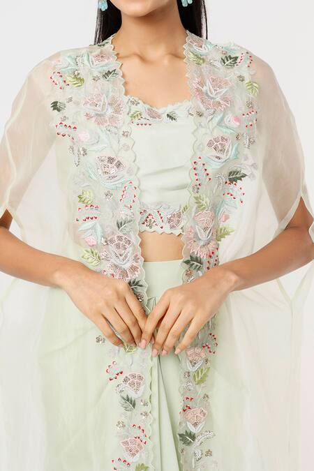 Buy Blue Lotus Design Green Organza Embroidery, Sequins Round Neck Floral Cape Draped Skirt Set Online at Aza Fashions Buy_Blue Lotus Design_Green Organza Embroidery, Sequins Round Neck Floral Cape Draped Skirt Set _Online_at_Aza_Fashions