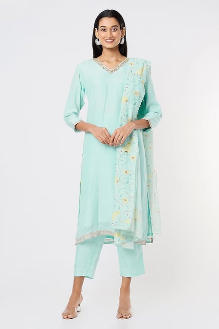 Blue Lotus Design Printed Back Kurta Pant Set 