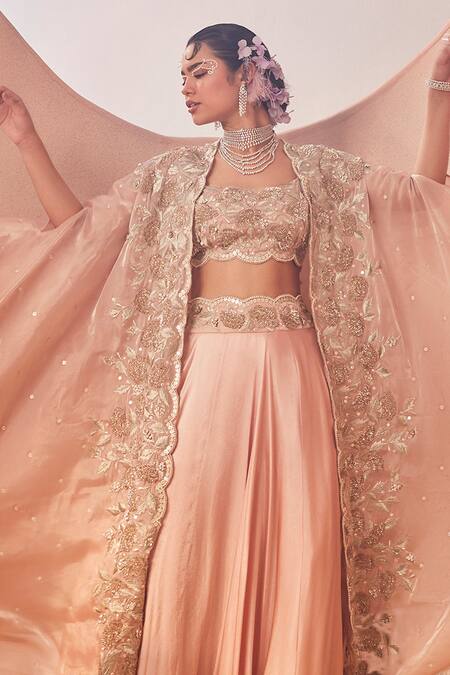 Sachkiran Bimbra_Pink Organza, Chiffon Pearls, Sequins, Cut Bahar Gul Embroidered Cape Skirt Set _Online_at_Aza_Fashions