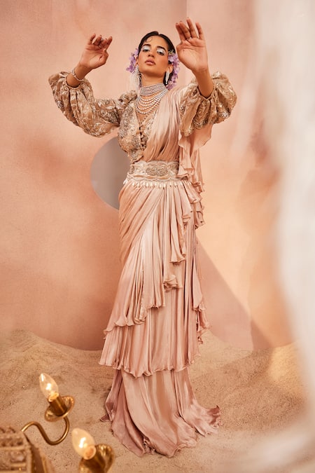 Sachkiran Bimbra Chiffon Pre-Draped Ruffle Saree Set 