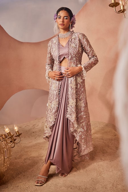 Sachkiran Bimbra Padma Embroidered Jacket Draped Skirt Set 