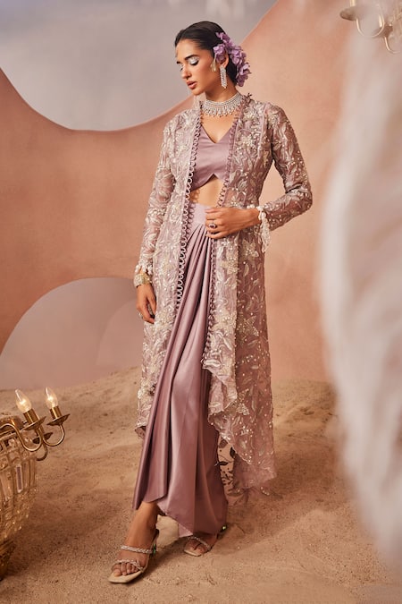Sachkiran Bimbra Padma Embroidered Jacket Draped Skirt Set 