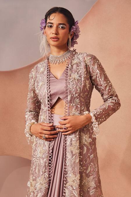 Sachkiran Bimbra_Purple Satin, Organza Cut Work, Embroidery, Padma Jacket Draped Skirt Set _Online_at_Aza_Fashions