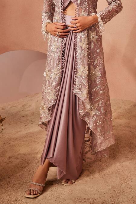 Buy_Sachkiran Bimbra_Purple Satin, Organza Cut Work, Embroidery, Padma Jacket Draped Skirt Set _Online_at_Aza_Fashions
