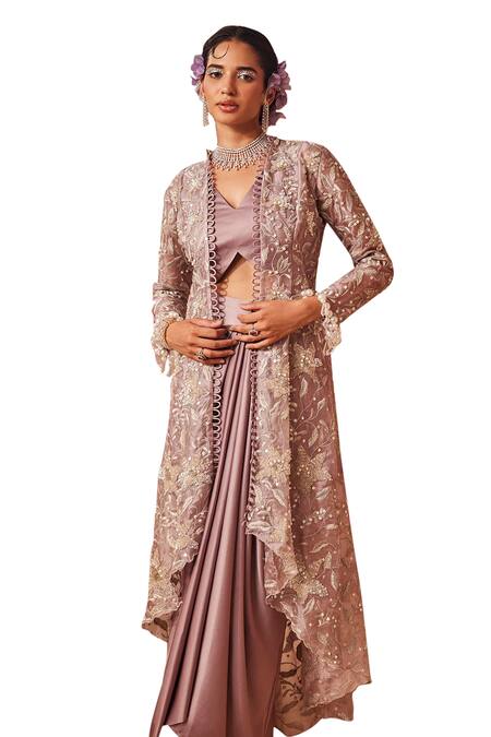 Shop_Sachkiran Bimbra_Purple Satin, Organza Cut Work, Embroidery, Padma Jacket Draped Skirt Set _Online_at_Aza_Fashions