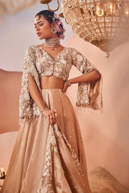 Buy_Sachkiran Bimbra_Beige Organza Sequins, Diamonds, Zari, Cut Scattered Embroidered Lehenga Set _Online_at_Aza_Fashions