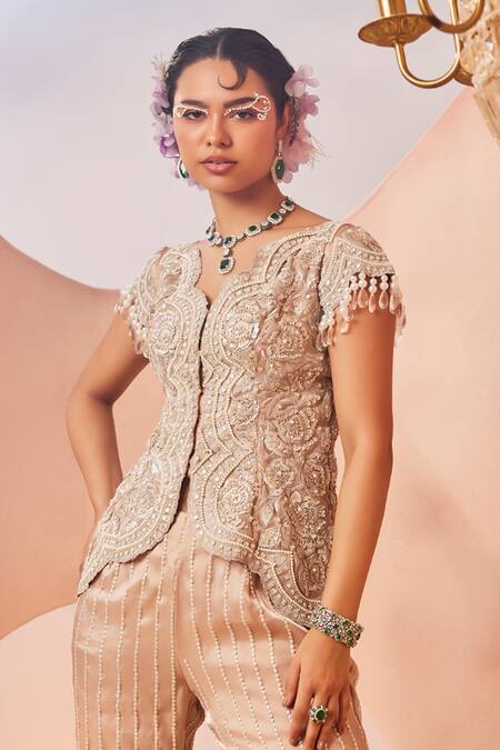 Buy_Sachkiran Bimbra_Pink Organza Pearls, Sequins Phool Gul Embroidered Jacket With Bell Bottom Pant _Online_at_Aza_Fashions