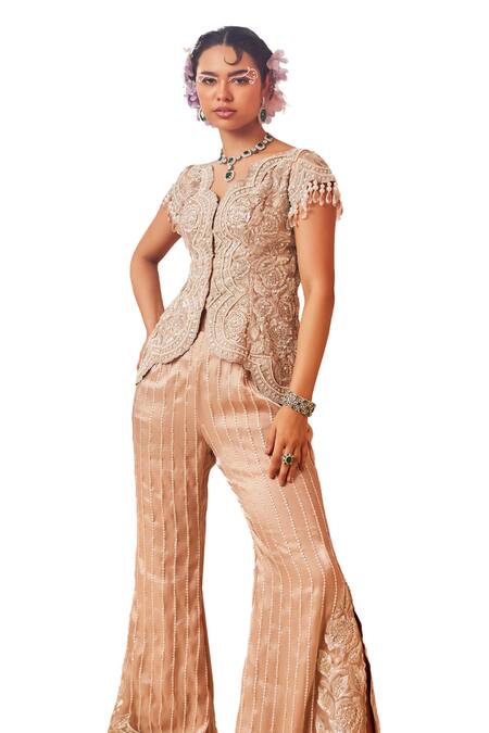 Shop_Sachkiran Bimbra_Pink Organza Pearls, Sequins Phool Gul Embroidered Jacket With Bell Bottom Pant _Online_at_Aza_Fashions