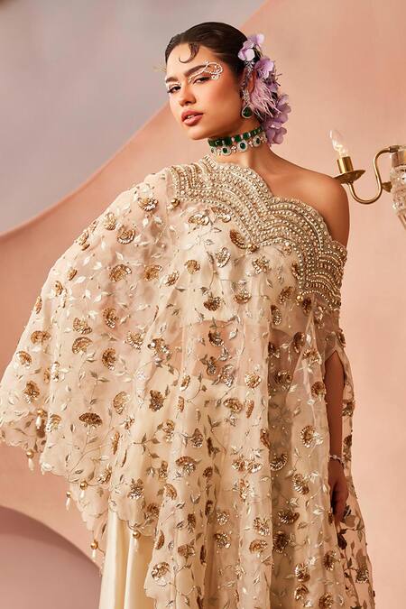Sachkiran Bimbra_Gold Organza, Satin Cut Work One Mughal Bloom Embroidered Kurta Sharara Set _Online_at_Aza_Fashions