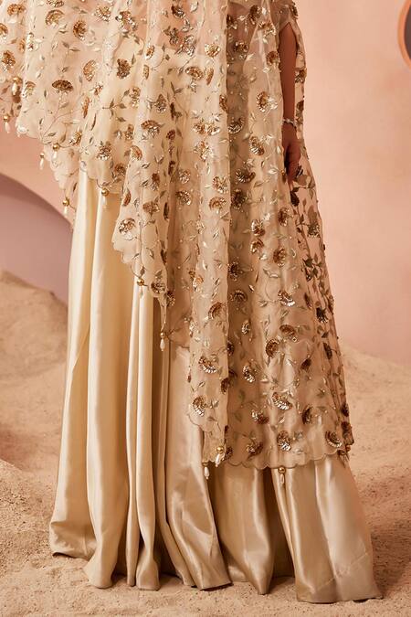 Buy_Sachkiran Bimbra_Gold Organza, Satin Cut Work One Mughal Bloom Embroidered Kurta Sharara Set _Online_at_Aza_Fashions