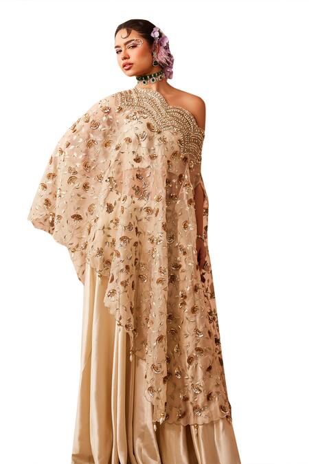 Shop_Sachkiran Bimbra_Gold Organza, Satin Cut Work One Mughal Bloom Embroidered Kurta Sharara Set _Online_at_Aza_Fashions
