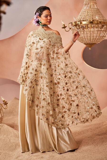 Sachkiran Bimbra_Gold Organza, Satin Cut Work One Mughal Bloom Embroidered Kurta Sharara Set _at_Aza_Fashions