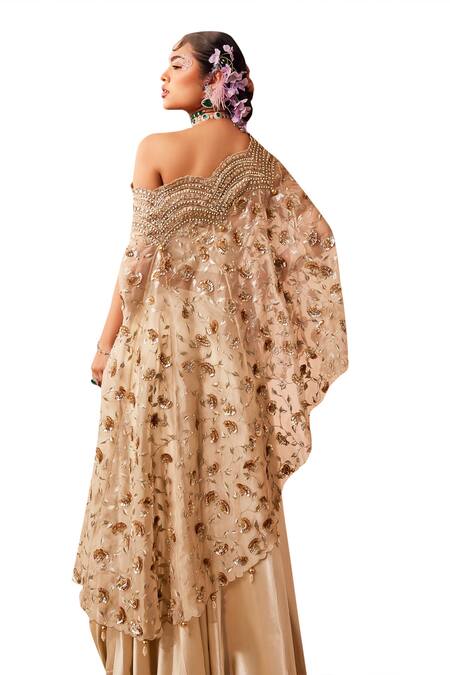 Buy_Sachkiran Bimbra_Gold Organza, Satin Cut Work One Mughal Bloom Embroidered Kurta Sharara Set 