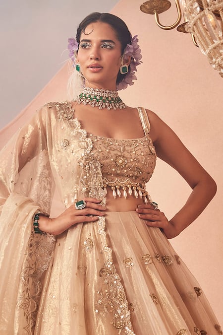 Sachkiran Bimbra_Gold Organza Pearls, Sequins, Cut Work, Persian Bloom Embroidered Lehenga Set _Online_at_Aza_Fashions