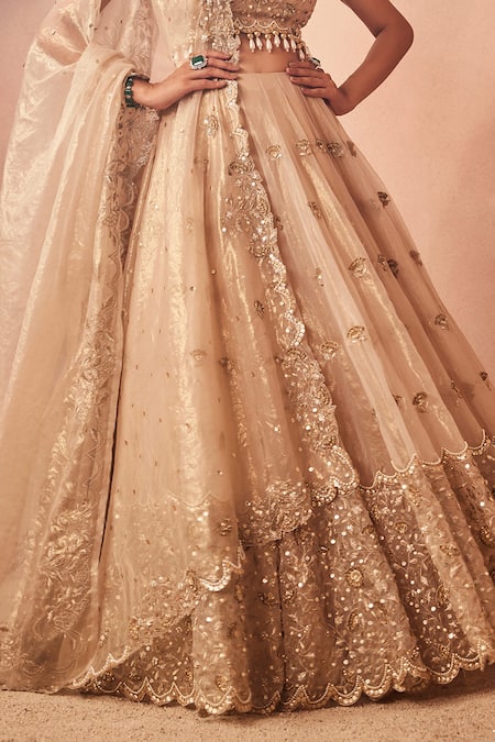 Buy_Sachkiran Bimbra_Gold Organza Pearls, Sequins, Cut Work, Persian Bloom Embroidered Lehenga Set _Online_at_Aza_Fashions