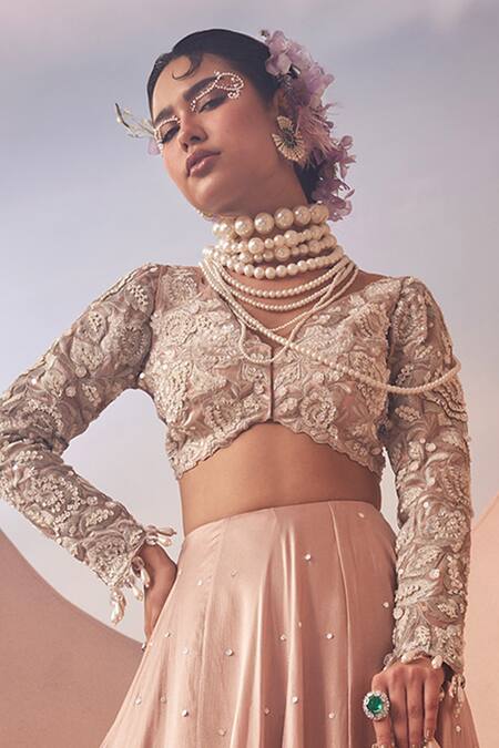 Sachkiran Bimbra_Pink Organza, Chiffon Sequins, Cut Work V-neck Bloom Embroidered Lehenga Set _Online_at_Aza_Fashions