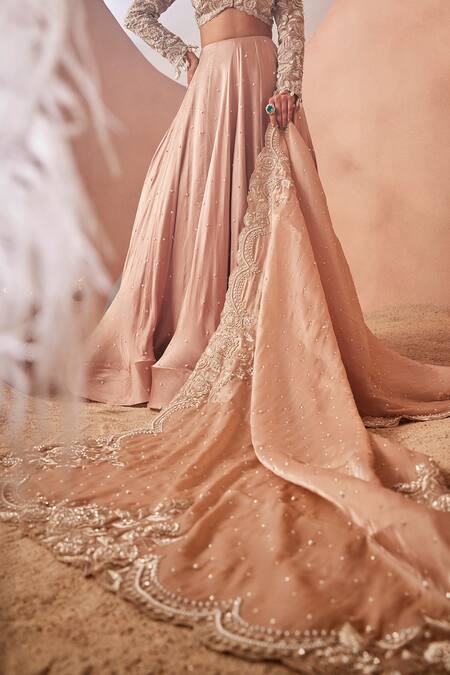 Buy_Sachkiran Bimbra_Pink Organza, Chiffon Sequins, Cut Work V-neck Bloom Embroidered Lehenga Set _Online_at_Aza_Fashions