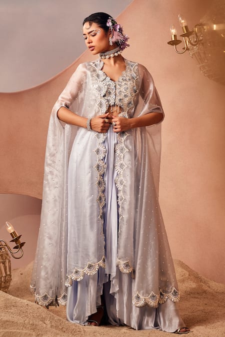 Sachkiran Bimbra Iris Bloom Embroidered Cape Draped Skirt Set 