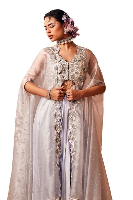 Sachkiran Bimbra_Blue Organza, Chiffon Sequins, Iris Bloom Embroidered Cape Draped Skirt Set _Online_at_Aza_Fashions