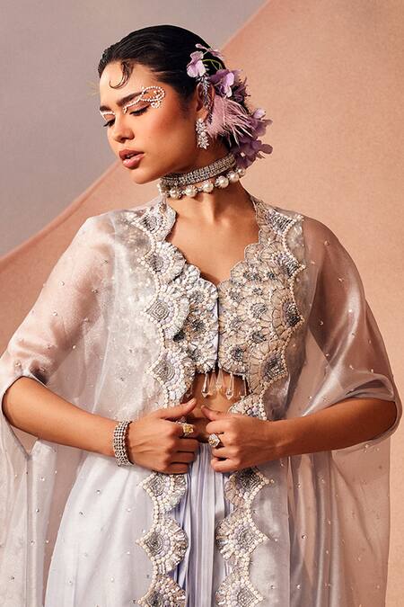 Buy_Sachkiran Bimbra_Blue Organza, Chiffon Sequins, Iris Bloom Embroidered Cape Draped Skirt Set _Online_at_Aza_Fashions