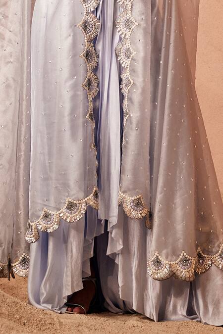 Shop_Sachkiran Bimbra_Blue Organza, Chiffon Sequins, Iris Bloom Embroidered Cape Draped Skirt Set _Online_at_Aza_Fashions