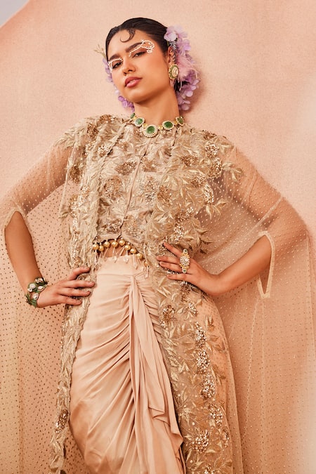 Sachkiran Bimbra Gardenia Embroidered Sheer Cape Draped Skirt Set 