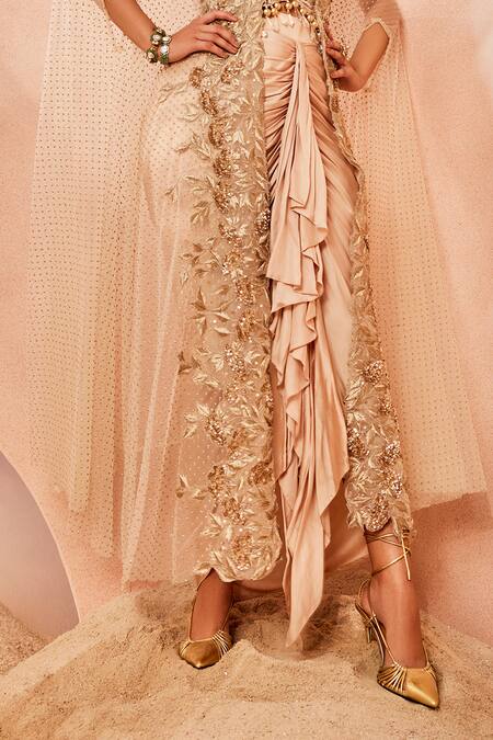 Sachkiran Bimbra Cream Satin Cut Work, Pearls, Gardenia Embroidered Sheer Cape Draped Skirt Set Online at Aza Fashions Sachkiran Bimbra_Cream Satin Cut Work, Pearls, Gardenia Embroidered Sheer Cape Draped Skirt Set _Online_at_Aza_Fashions
