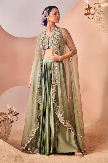 Sachkiran Bimbra Ivy Bloom Embroidered Sheer Cape Draped Skirt Set 