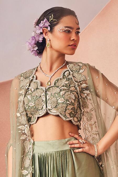 Sachkiran Bimbra_Green Satin Cut Work, Embroidery, Ivy Bloom Sheer Cape Draped Skirt Set _Online_at_Aza_Fashions